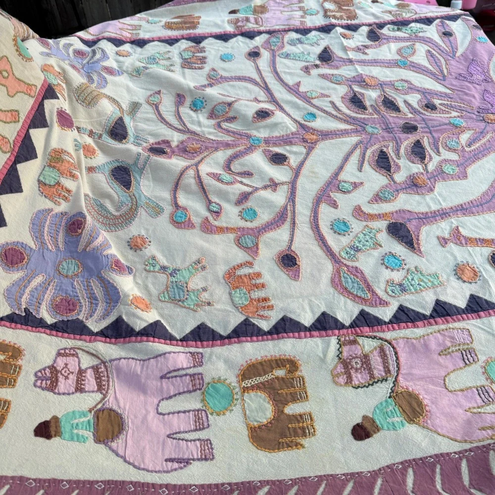 Vintage Indian Handmade Tree of Life Embroidery Textile Wall Art Tapestry Large